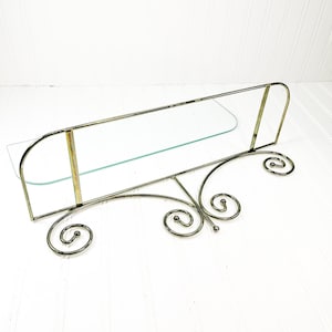Vintage Brass Perfume Shelf with Gold Scroll Base & Glass Top