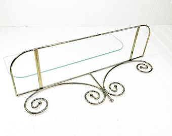 Vintage Brass Perfume Shelf with Gold Scroll Base & Glass Top