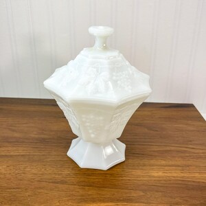 Vintage Milk Glass Pedestal Planter: Harvest Grape Pattern Vase