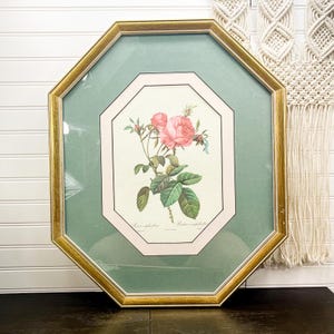 Vintage Floral Print in Thin Gold Octagon Frame - Still Life Botanical Art