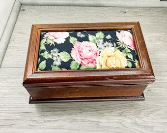 Midcentury Jewelry Box with Floral Top - MCM Wooden Jewelry Box