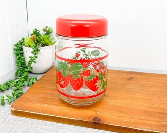 赤い蓋付きヴィンテージストロベリーガラス保存瓶 - Etsy 日本