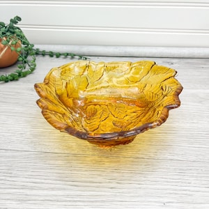 Grand bol en verre Indiana à baies de Logan ambre - Bol en cristal ambré - Bol pièce maîtresse ambre - Bol en verre dépression ambré