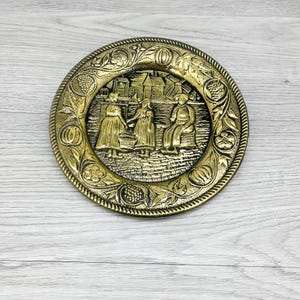 Vintage Gold Brass Wall Plaque: Town Scene Decoration