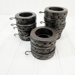 Vintage Carved Wooden Curtain Rings - Decorative Wood Rings with Hooks _ Dark Brown Curtain Rings