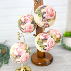 Shabby Chic Floral Ornament Set of 6 - Vintage Pink Rose Christmas Ornaments - Cottagecore Holiday Decor