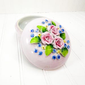 Vintage Porcelain Pink Rose Powder Box, Porcelain Floral Trinket Box - Dermay Fifth Ave NY Powder Box