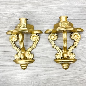 Faux Brass Wall Sconce Candleholder Set of 2 - Vintage Hollywood Regency Decor - Gold Accent Decor