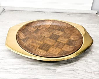 Midcentury Modern Brass Serving Tray with Wood Insert: Gold Coffee Table Decor