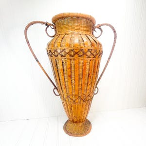 Vintage Wicker Vase: Tall 1970s Boho Home Decor