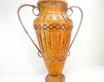 Vintage Weidenvase - Mid Century Hohe Weidenvase - 17,5-Zoll-Vase Wohnkultur - Boho Wicker Decor