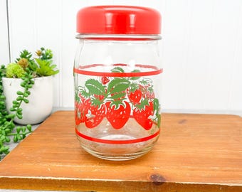 赤い蓋付きヴィンテージストロベリーガラス保存瓶 - Etsy 日本