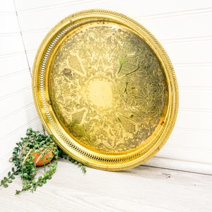Vintage Brass Floral Tray: Large Gold Coffee Table Decor (15 inch)