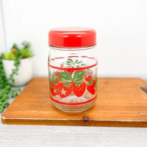 Vintage Strawberry Glass Storage Jar with Red Lid