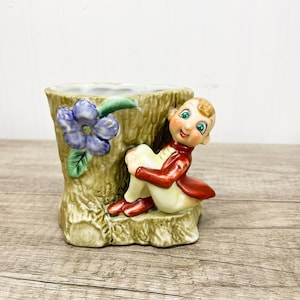 Vintage Pixie Elf Tree Stump Planter, Acme Made in Japan Ceramic Figurine