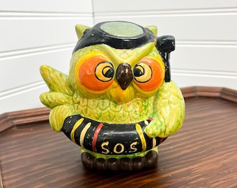 Vintage Ceramic Owl Piggy Bank Clock Statue, Hand Painted  display picture 1