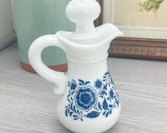 Vintage Avon Delft Blue Floral Milk Glass Perfume Pitcher