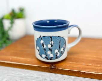 Vintage Blue Stoneware Coffee Mug - Stoneware Coffee Cup with Cotton Plants - Blue and White Coffee Mug