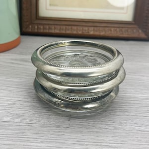 Vintage Mid Century Glass Coaster Set: Silver Border, Starburst Design - Made in Italy
