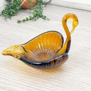Vintage Amber Glass Swan Trinket Dish