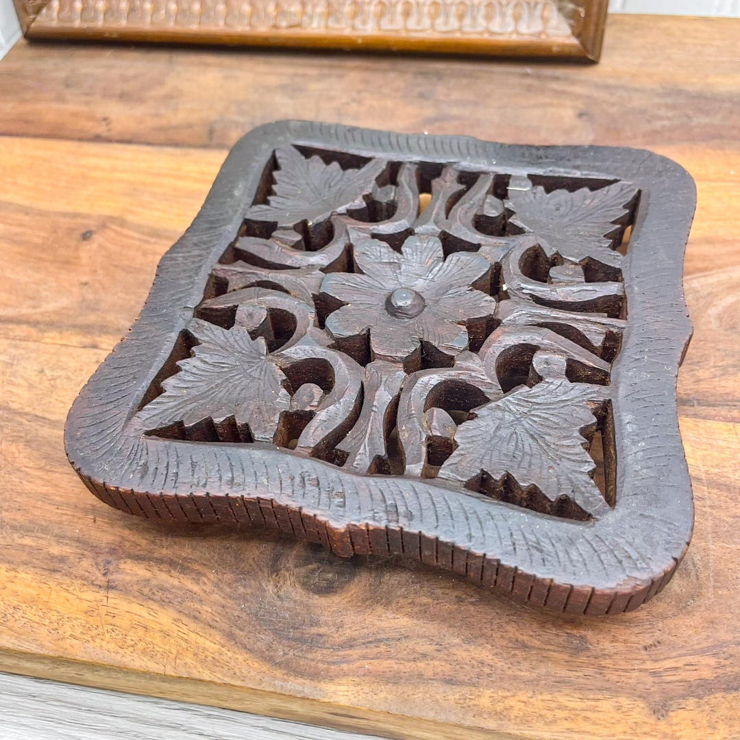 昭和レトロ ヴィンテージ 木製小物入れ 花柄彫刻 昭和レトロ