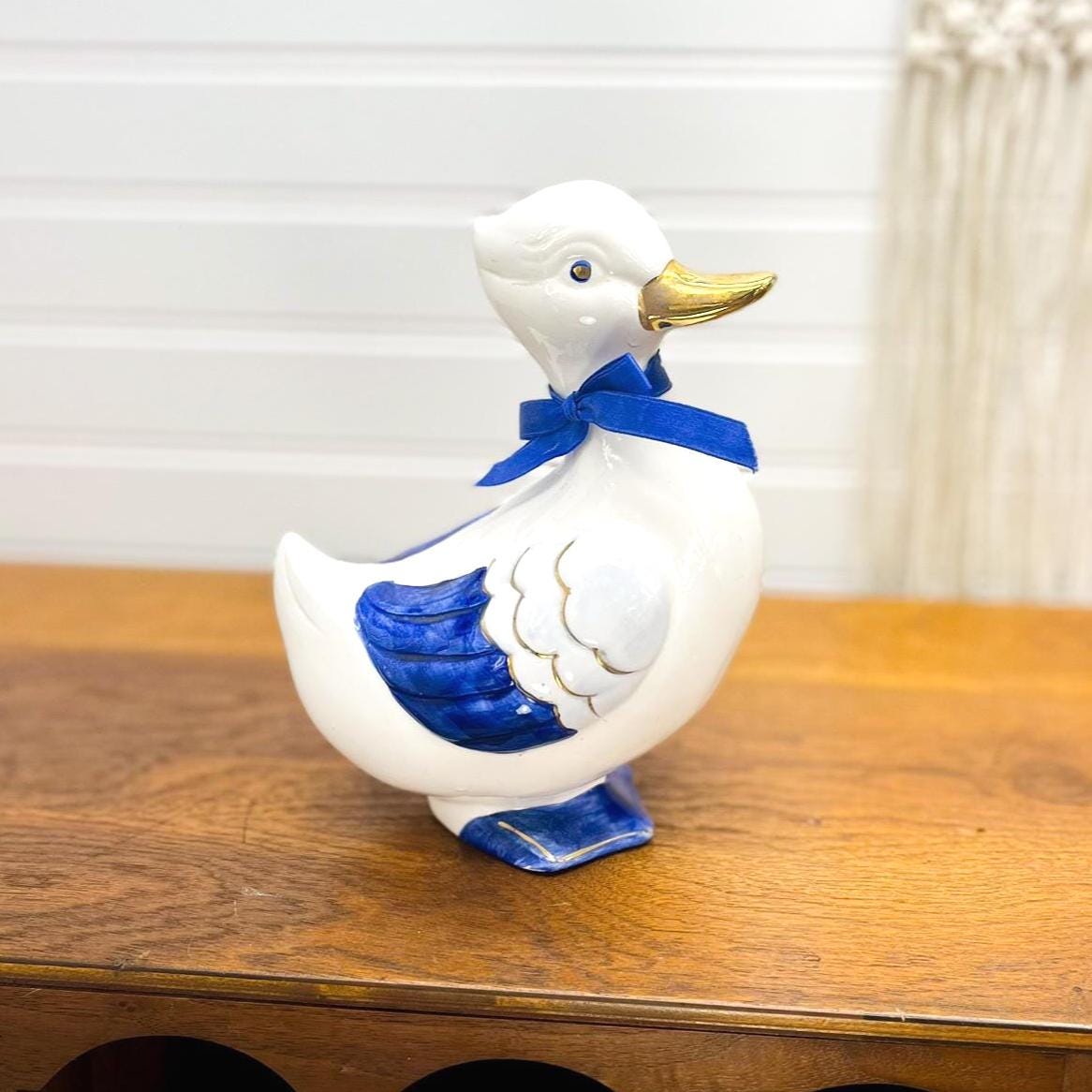ヴィンテージ陶器製アヒルの置物：レトロな青と白の装飾 - Etsy 日本