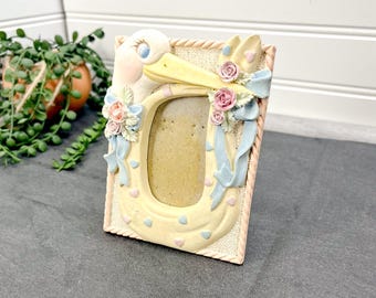 Vintage Stork Ceramic Picture Frame: Floral Baby Shower Decor