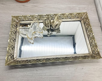 Bandeja de espejo vintage con filigrana ornamentada: Decoración de tocador estilo Hollywood Regency (25,4 x 38,1 cm)