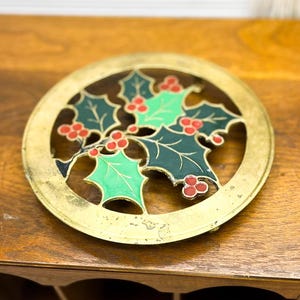 Vintage Enameled Brass Holiday Trivet, Holly Leaves Trivet