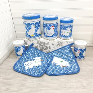 Vintage Farmhouse Kitchen Set: Canisters, Potholders, Salt & Pepper Shakers