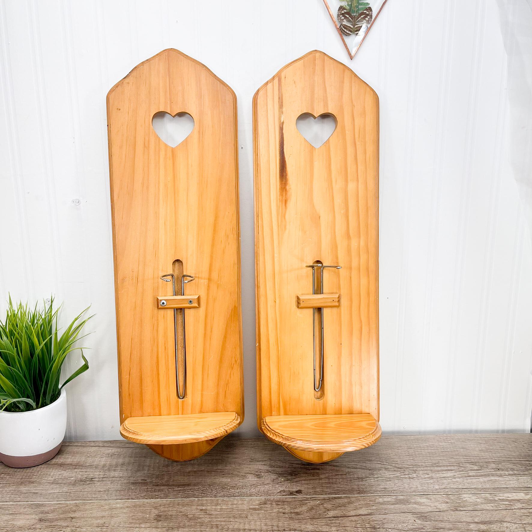 Vintage Wooden Heart Plant Shelf Set of 2 - Country Wall Sconce