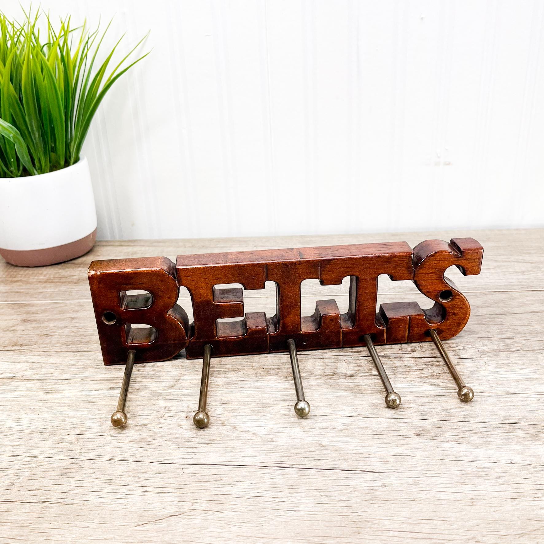 Vintage Wooden Belt Rack: 5 Brass Pegs - Etsy