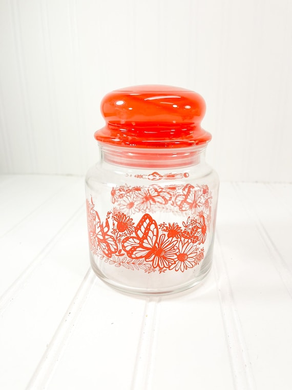 Vintage Butterfly 1960s Glass Apothecary Jar - Orange Butterfly Canister