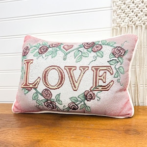 Vintage Love Tapestry Throw Pillow - Pink & Red Decorative Pillow - Vintage Aesthetic Pillow Decor - Grandmacore Farmhouse Pillow