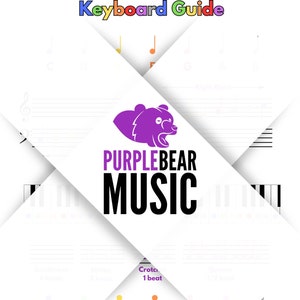 Puede incluir: Guía de teclado Purple Bear Music con un logotipo de oso morado y un diagrama de teclado. La guía incluye información sobre diferentes valores de notas y ritmos. La dirección del sitio web es purplebearmusic.co.uk y facebook.com/purplebearmusic.