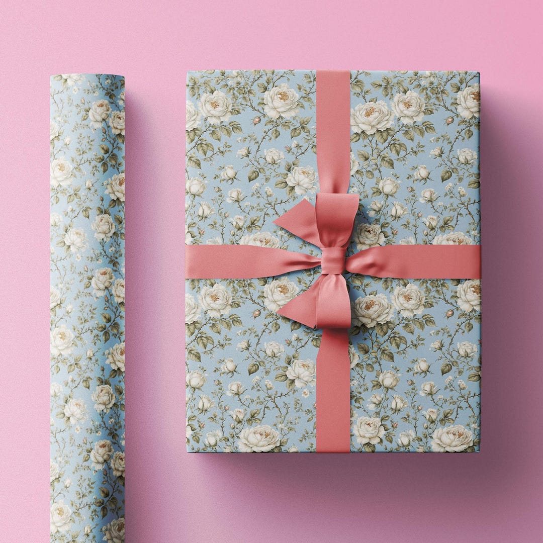 White Rose Rwrap White Rose Chinoiserie Floral Wrapping Paper, Gift Wrap for Valentines ...