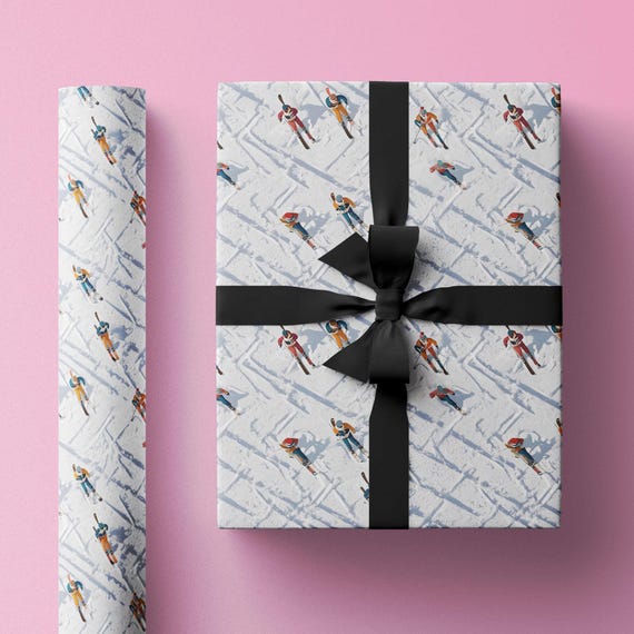 Ski Pattern Christmas Wrapping Paper Roll, Snowy Sport Holiday Gift Wrap in with Abstract Ski Design, Pretty Cottagecore Design