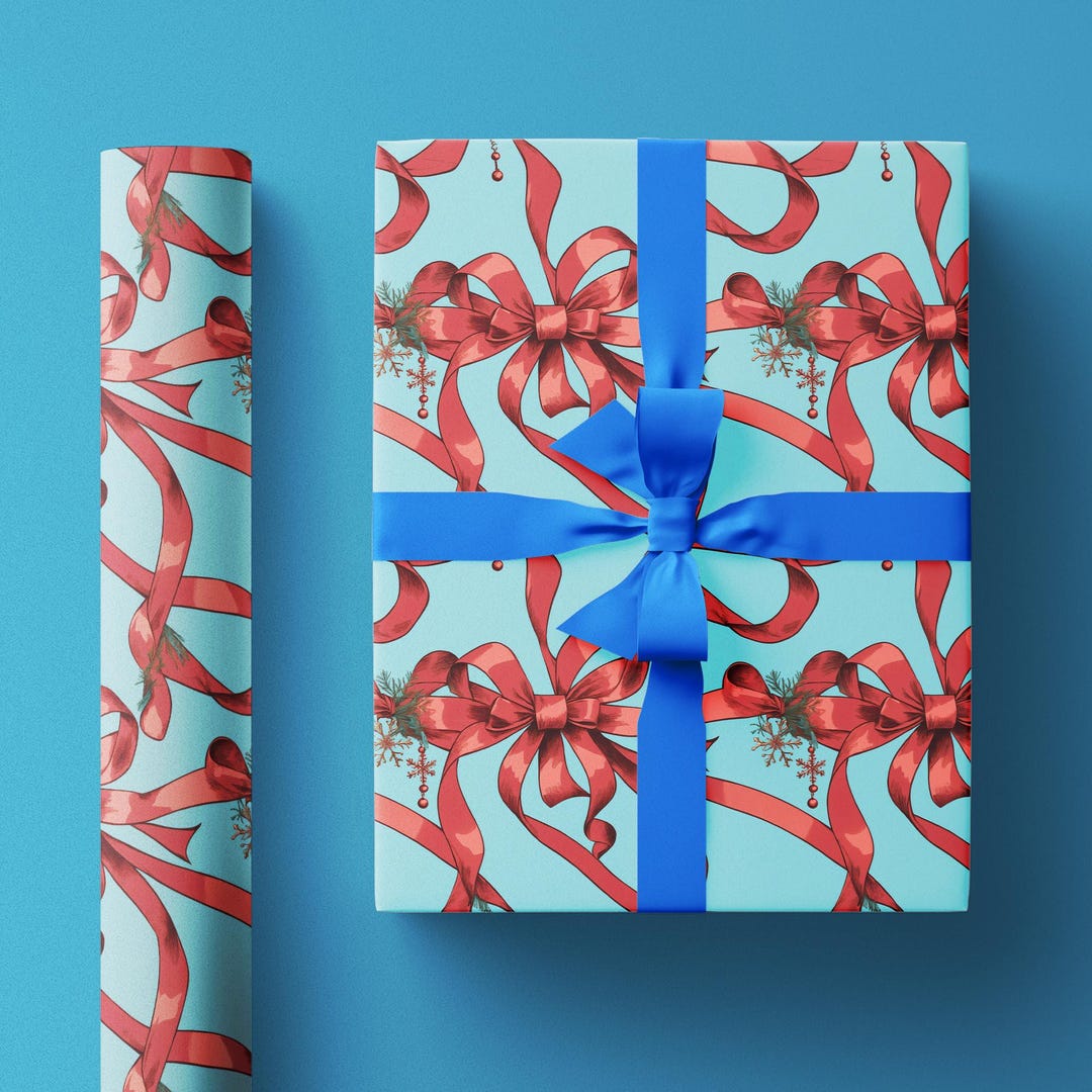Red Ribbon Holiday Wrapping Paper Roll, Vintage Inspired Christmas Gift ...