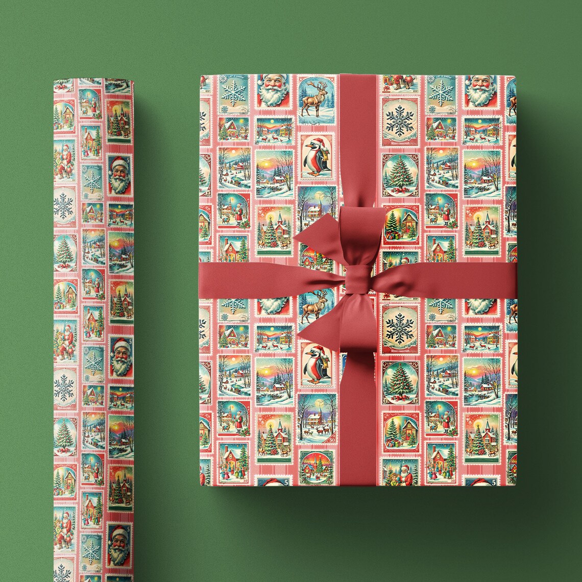 Wrapped Stamp Vintage Christmas Postage Stamp Wrapping Paper Roll, Funny & Unique ...