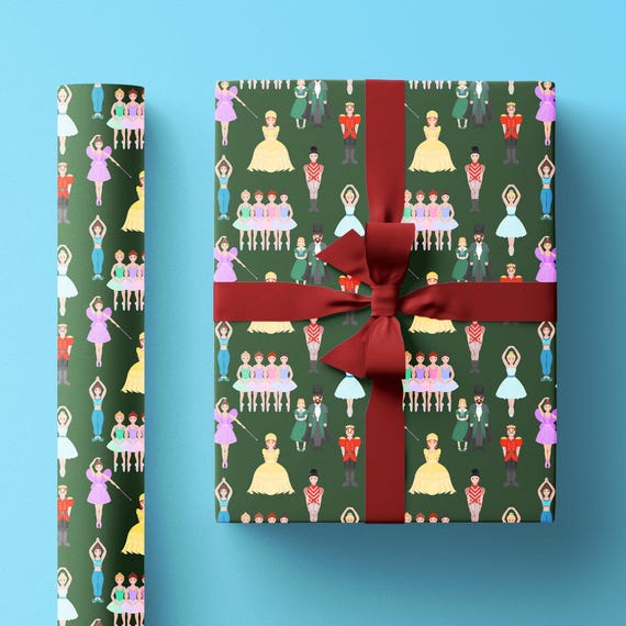 Vintage Inspired Nutcracker Christmas Wrapping Paper Roll, Ballet Gift Wrap with Illustrations of Clara, the Prince, Sugar Plum Fairy & More