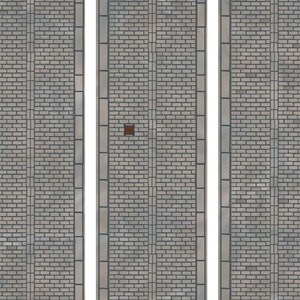 May include: A repeating pattern of light gray bricks with dark gray mortar, forming a textured surface. Vertical bands of light gray stone border the brickwork. A single, small, dark brown square is embedded in the brick pattern.