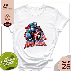 a white t - shirt with a captain america graphic on it