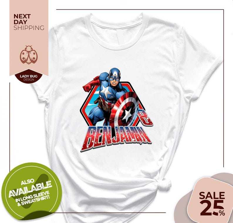 a white t - shirt with a captain america graphic on it