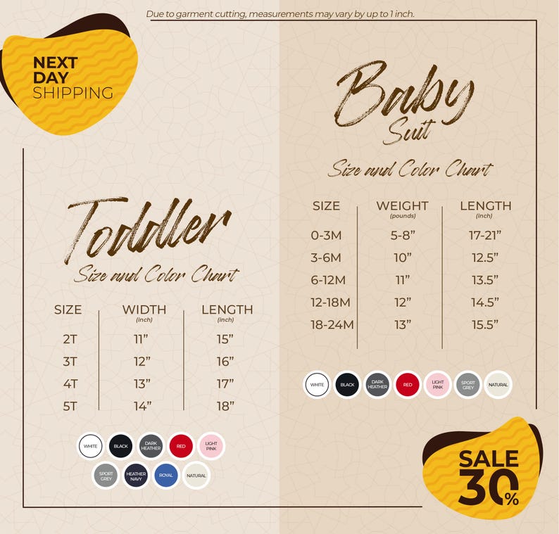 The image is a promotional flyer for a clothing store, displaying size and color charts for toddler and baby suits. The flyer includes a sale offer of 30% off on the baby suit.