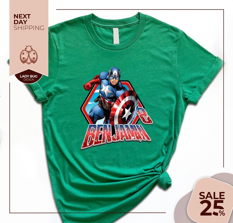 a green t - shirt with a picture of captain america on it