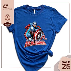 a blue tshirt with captain america on it