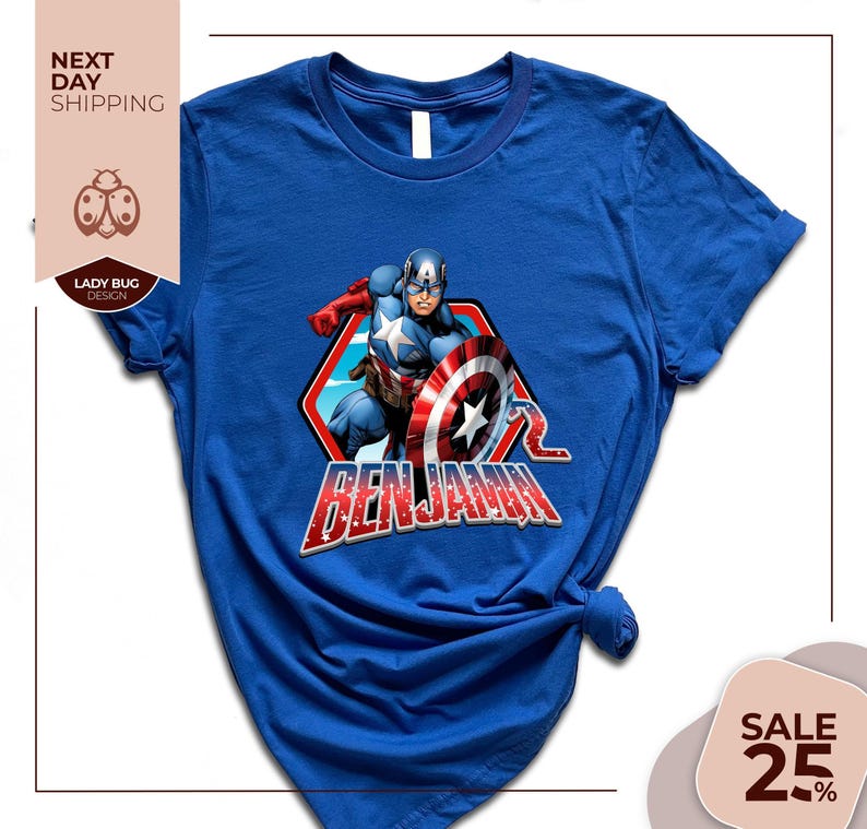 a blue tshirt with captain america on it