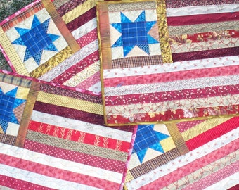 PRIMITIVE AMERICAN FLAG,minimalist quilted picture,17 X 13 quilted folk art quilt wallhanging,patriotic decoration,stars and stripes picture