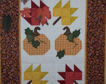 Autumn Pumpkin and Leaves, 24 X 33 in Quilted Wallhanging