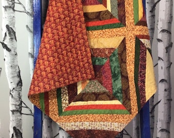 Rustic Cabin Quilted Throw,Lap Quilt,Fall Wall Hanging,Quilted Texture Tablecloth,Thanksgiving Decor,Scrappy Strip Pieced,